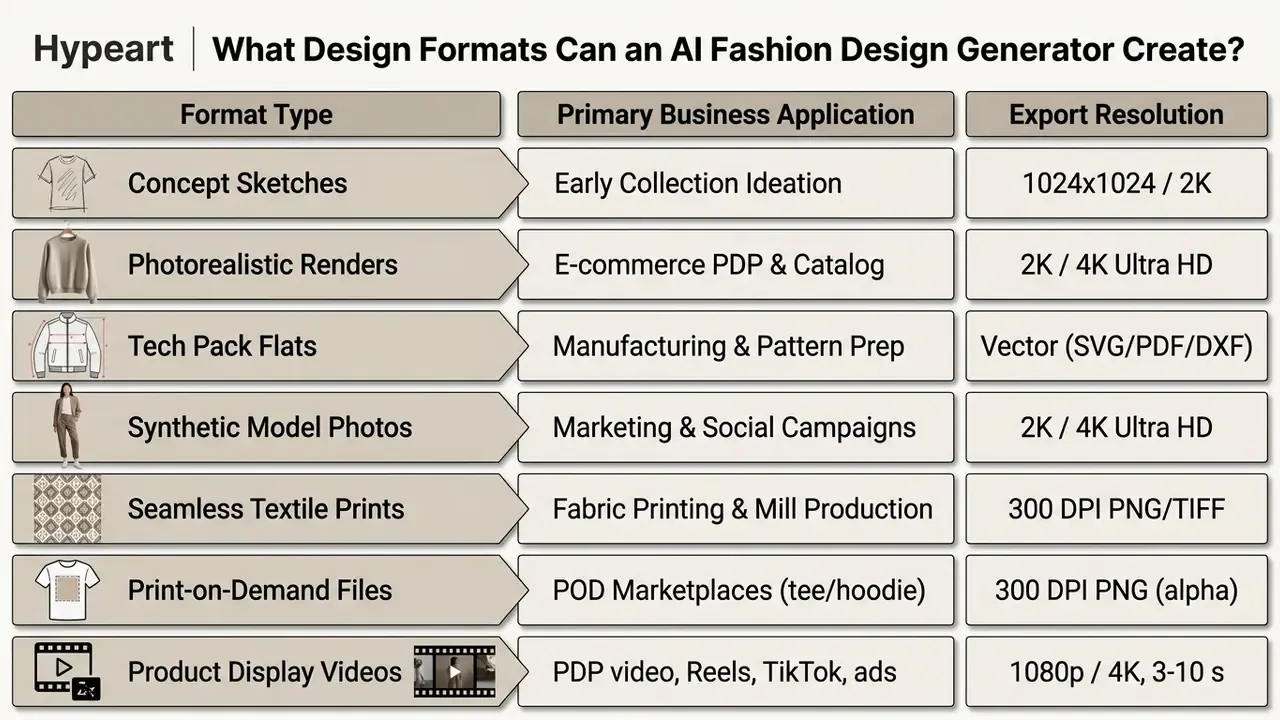 Table comparing AI clothing generator output formats including business applications and resolutions