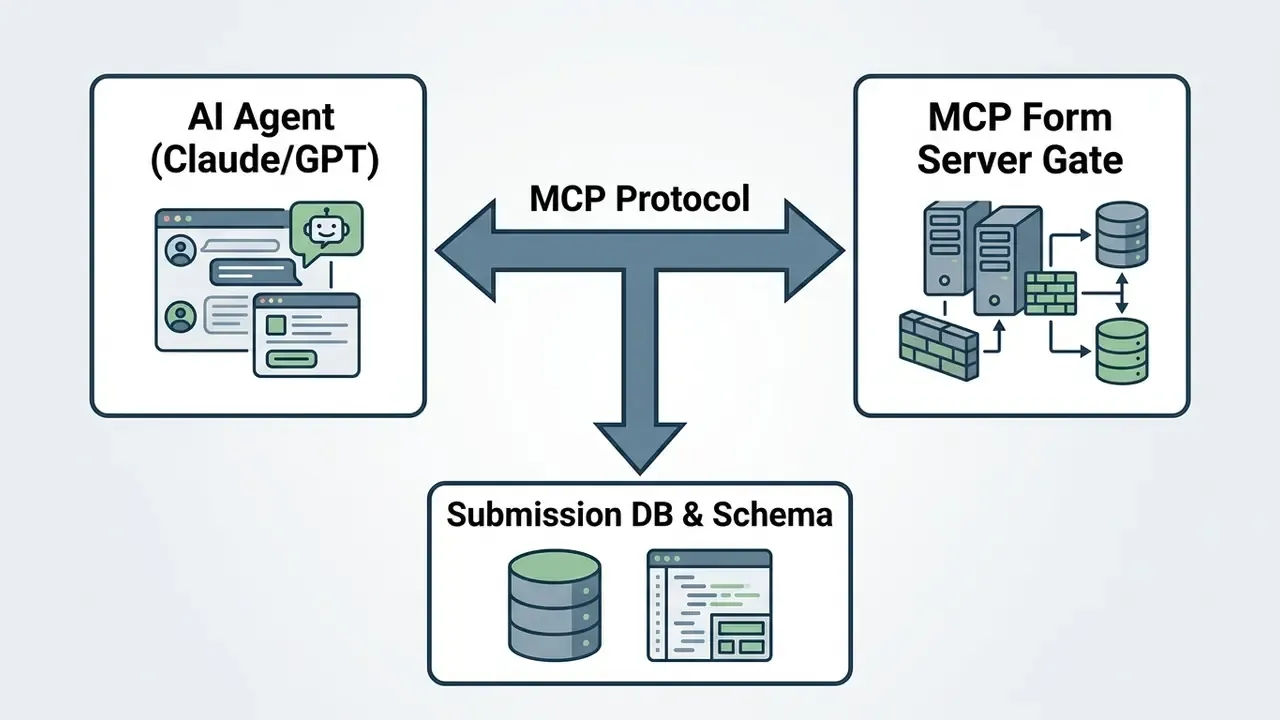 Flowchart showing an AI agent connecting via MCP Protocol to a server gate and a submission database