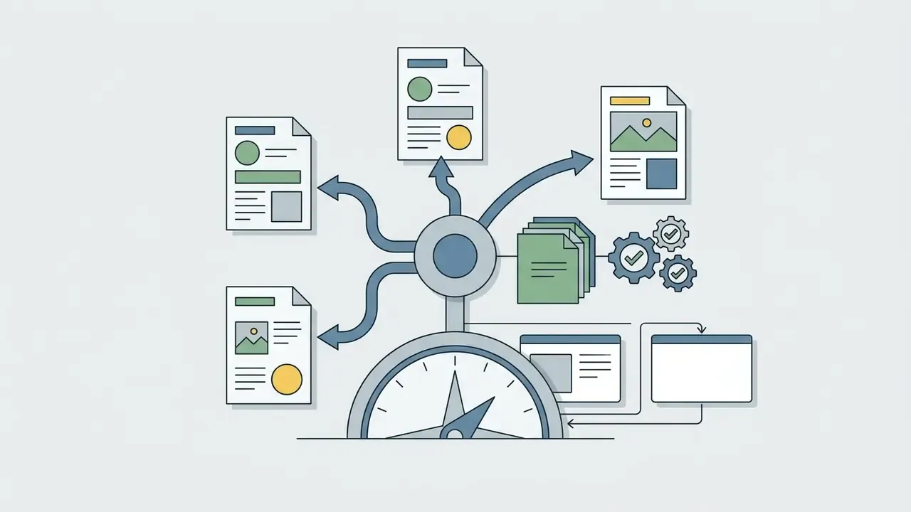 Central processor distributing documents to various output nodes with gears and a speed gauge