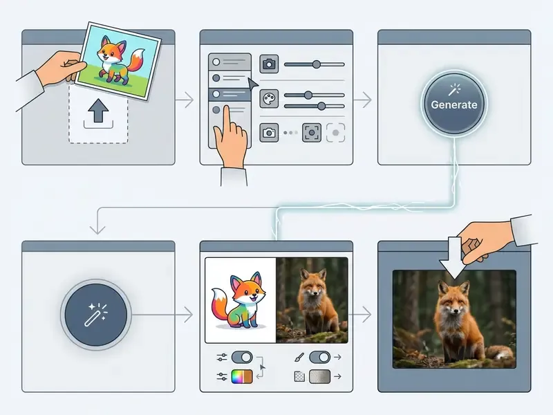Step-by-step sequence showing a cartoon fox being uploaded, processed with settings, and converted to a realistic photo