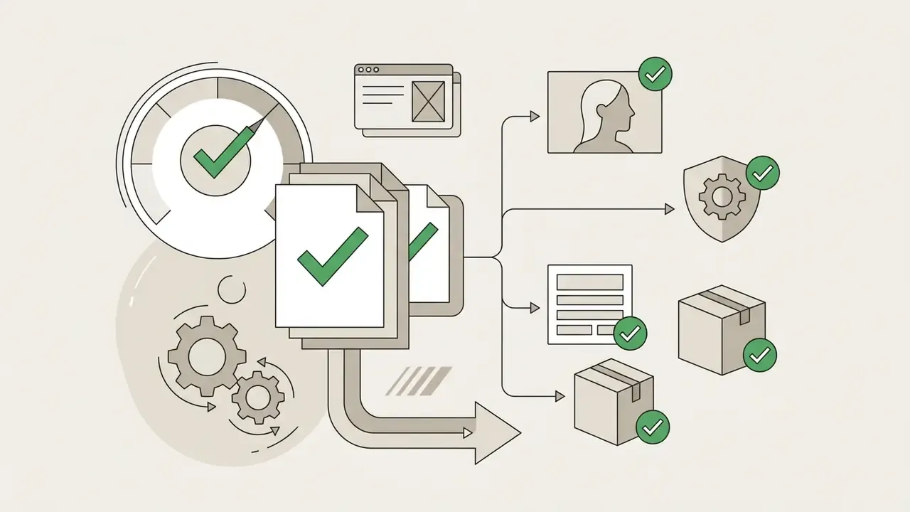 Document icons with checkmarks feeding into a gear mechanism and branching out to various media elements