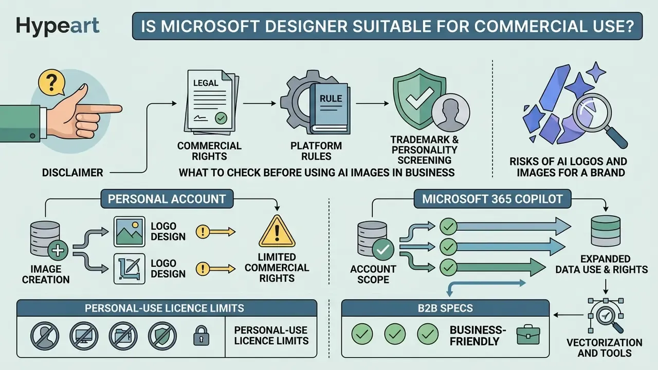 Infographic comparing commercial usage rights between personal accounts and Microsoft 365 Copilot