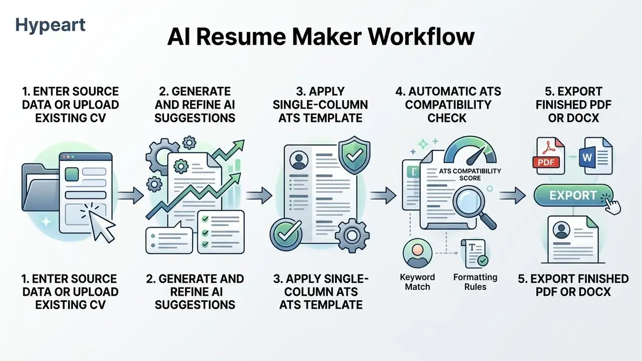 Five-step flowchart illustrating the process of creating a professional resume using AI tools