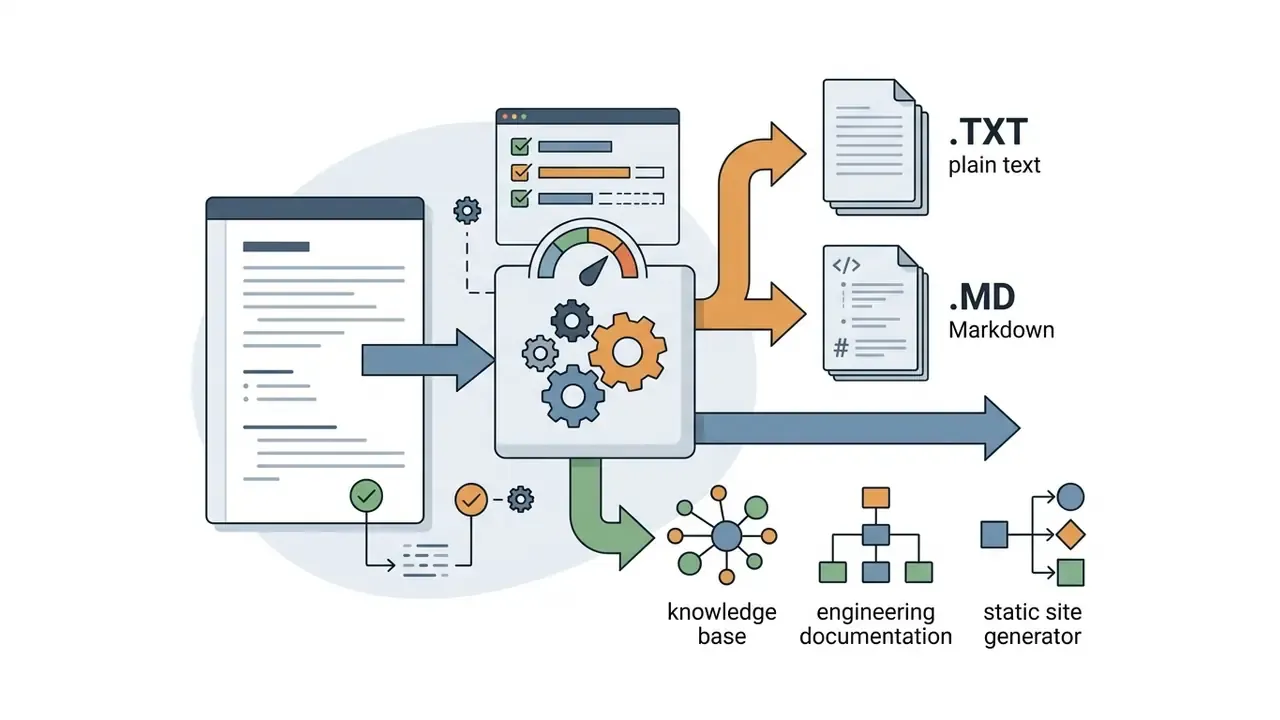 Central processor converting text into TXT and MD files for knowledge bases and technical documentation