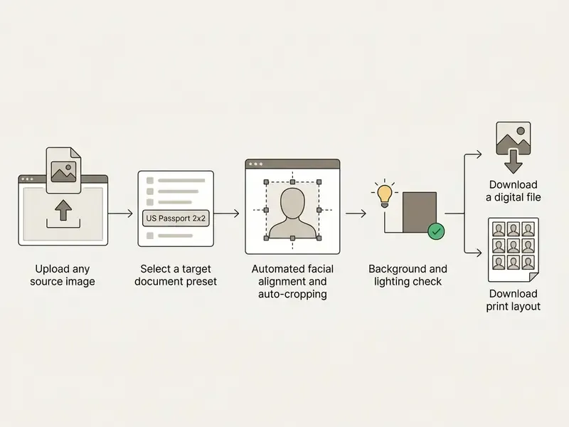 Flowchart showing the process of uploading, cropping, and checking a photo for passport requirements