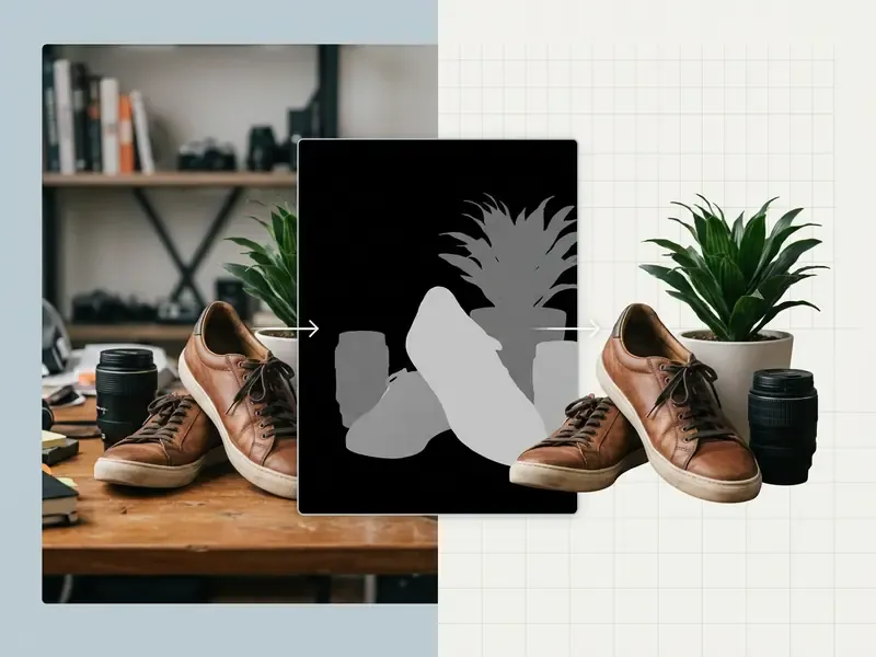 A desk scene with shoes and a plant being isolated from the background by an AI segmentation mask