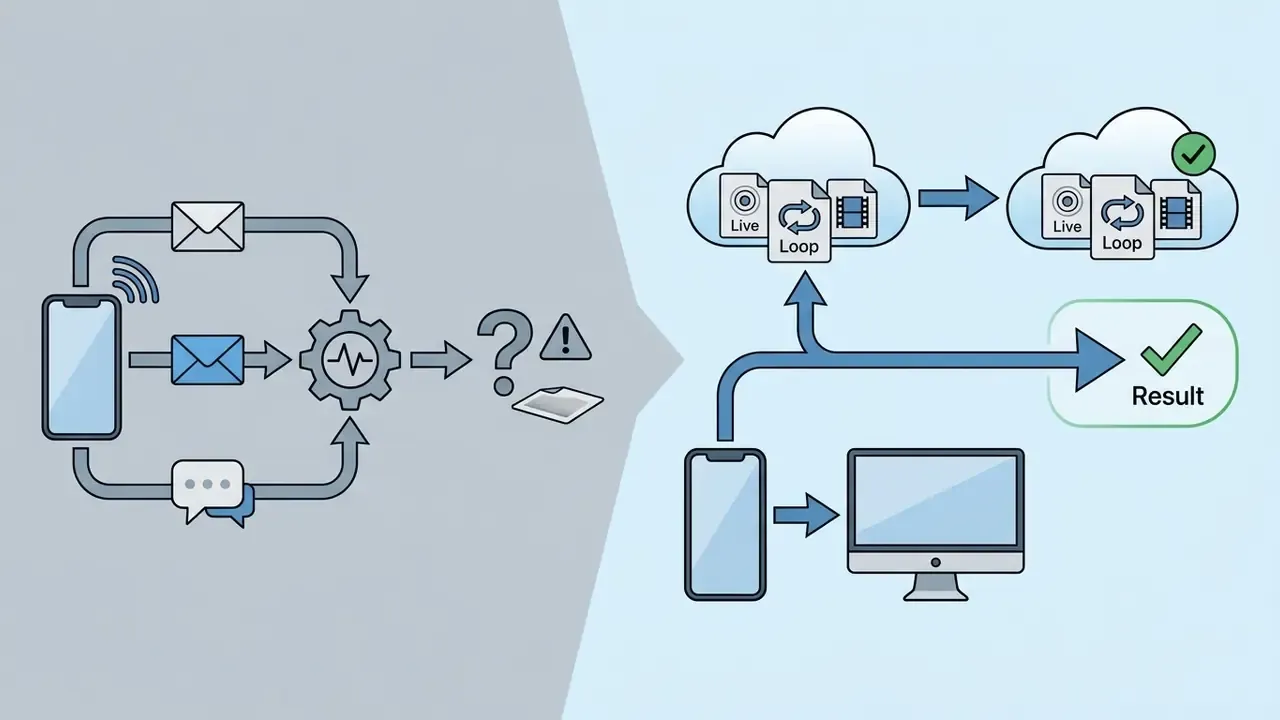 Icons showing failed messaging transfers versus successful iCloud Shared Album and device sync methods