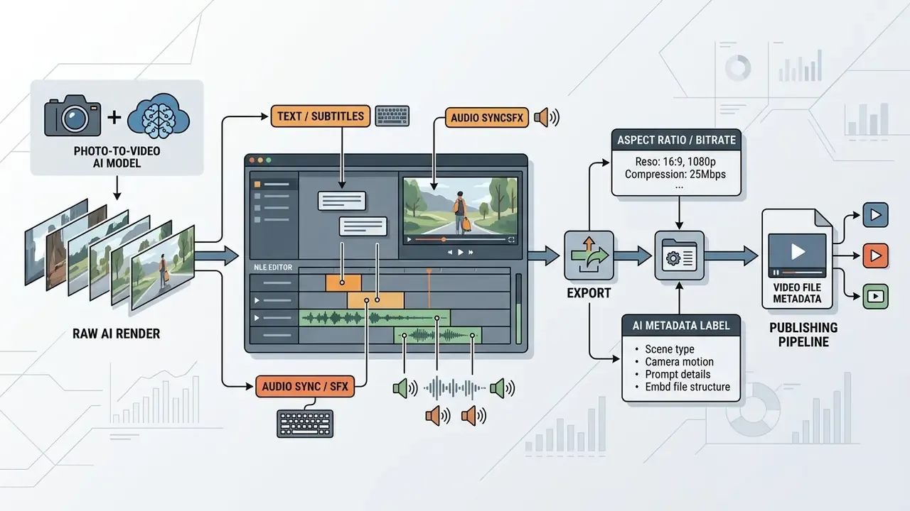 Workflow showing raw AI render inputs moving through an NLE editor to final export and metadata labeling