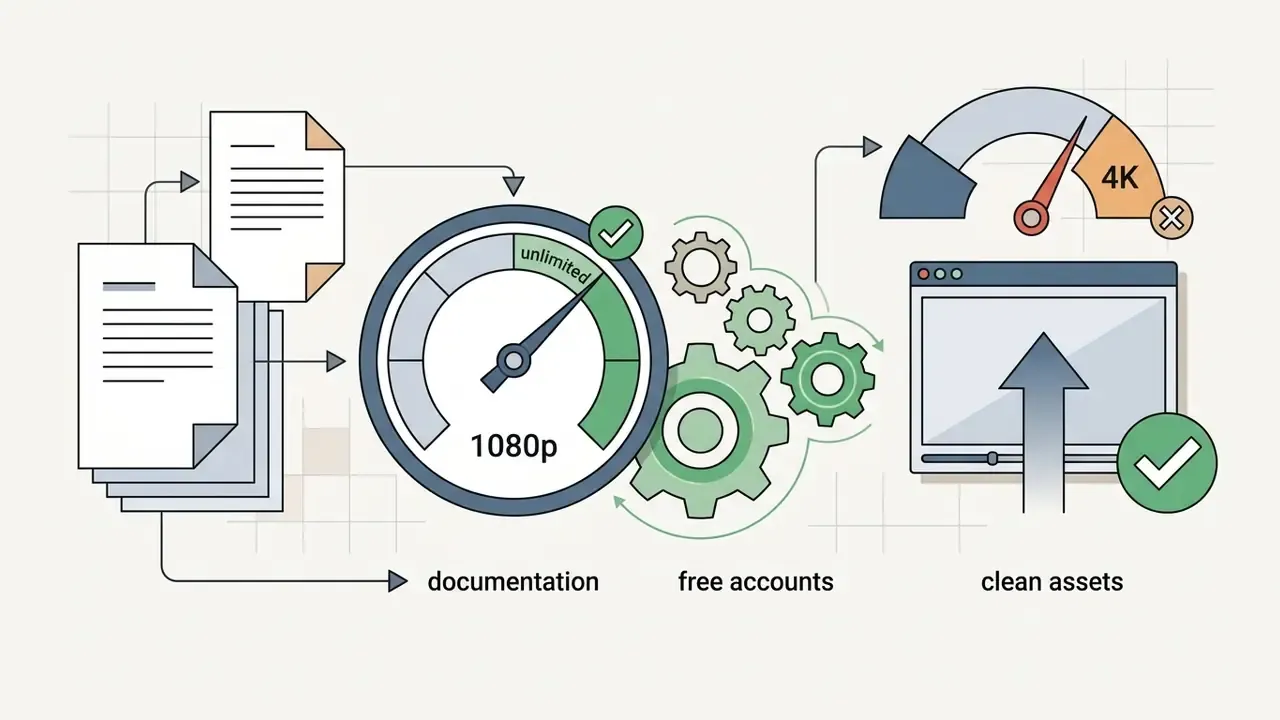 Diagram showing documentation for 1080p export on free accounts versus premium 4K limitations