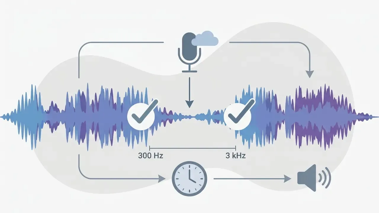 Audio waveform with a frequency dip between 300 Hz and 3 kHz to accommodate a microphone and voiceover