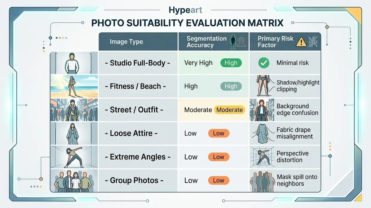 Matrix table mapping various photo types to segmentation accuracy levels and primary risk factors