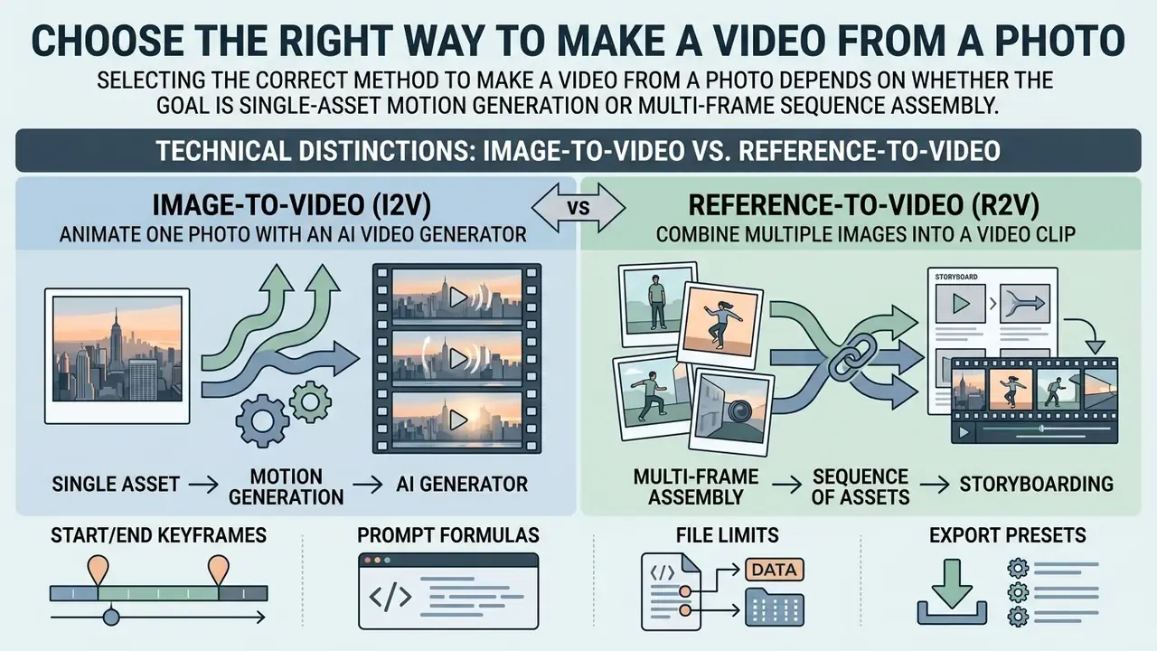 Flowchart contrasting single-image AI animation with multi-image sequence assembly for video production