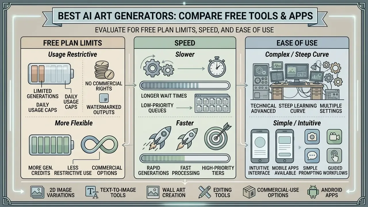 Comparison matrix detailing free plan constraints, processing speeds, and usability for best AI art tools