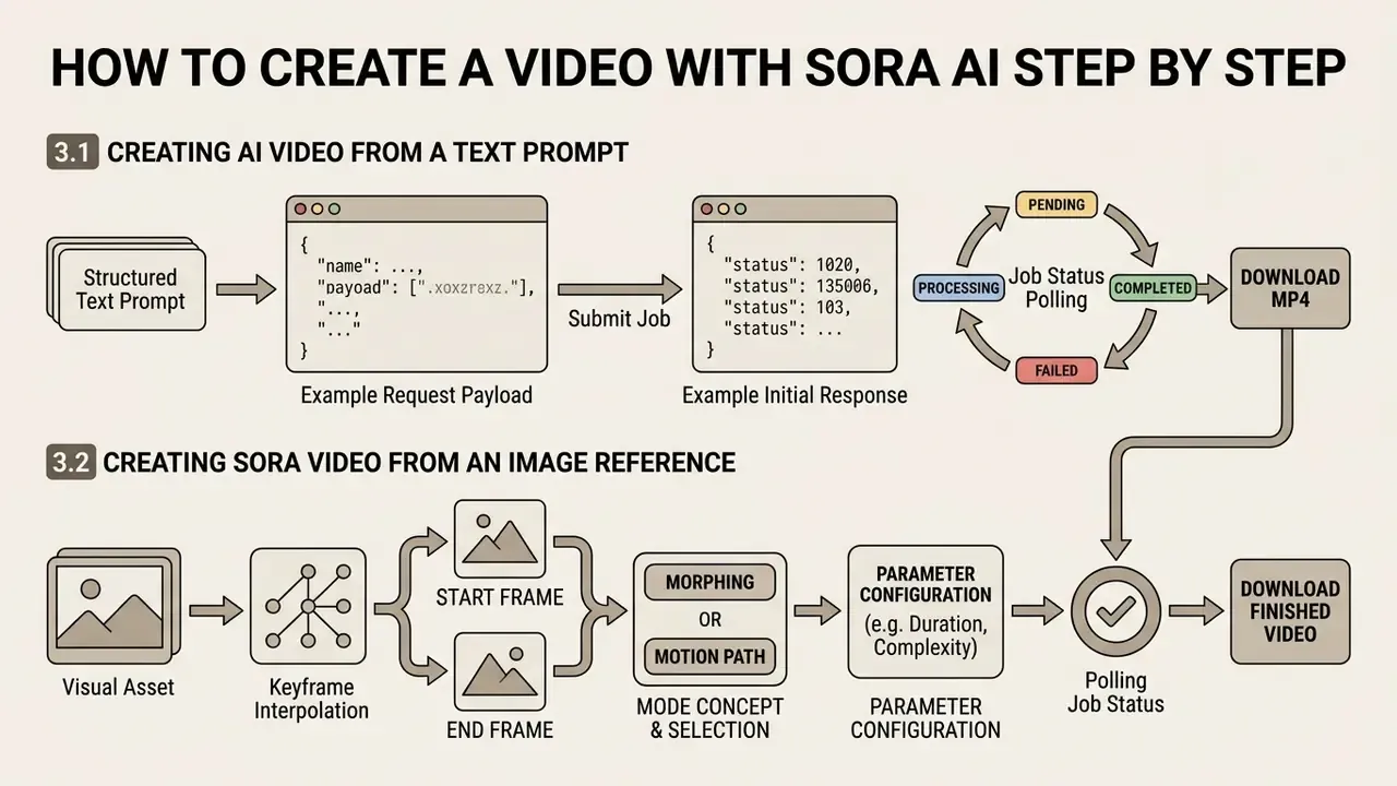Diagram showing the technical workflow for generating videos from text prompts and image references
