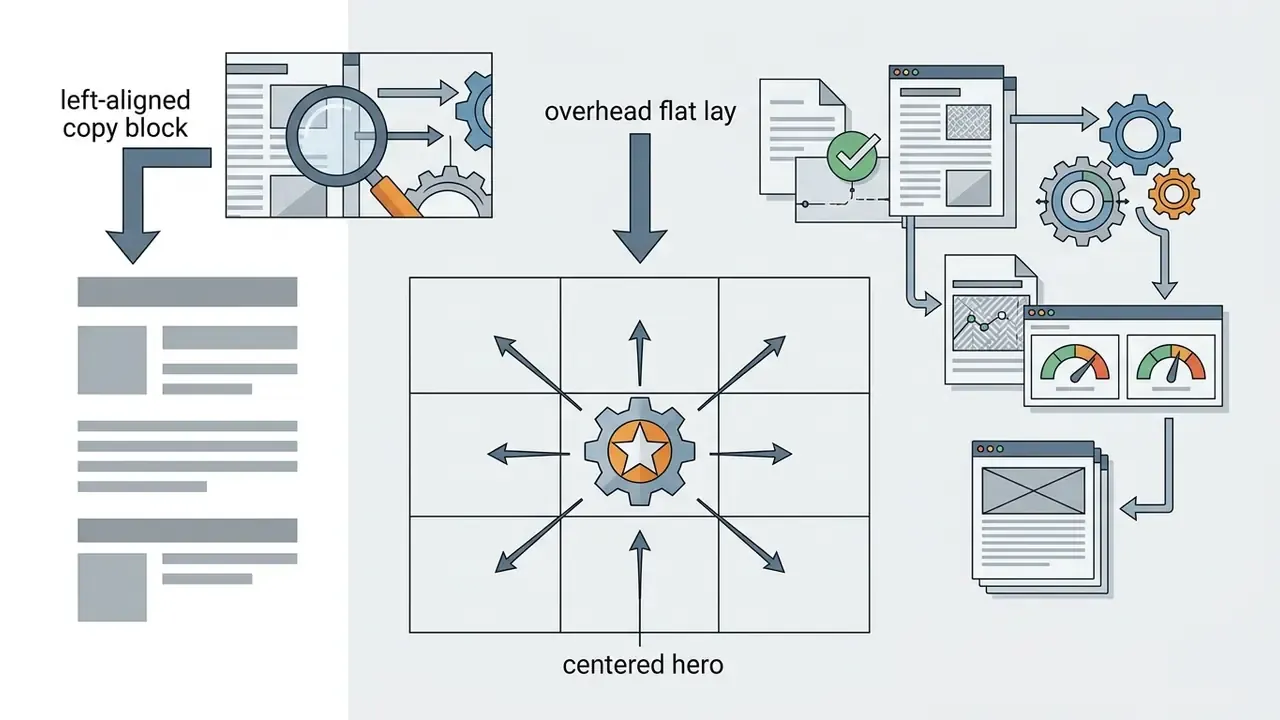 Grid layout showing a star gear center point with arrows pointing to various design composition elements