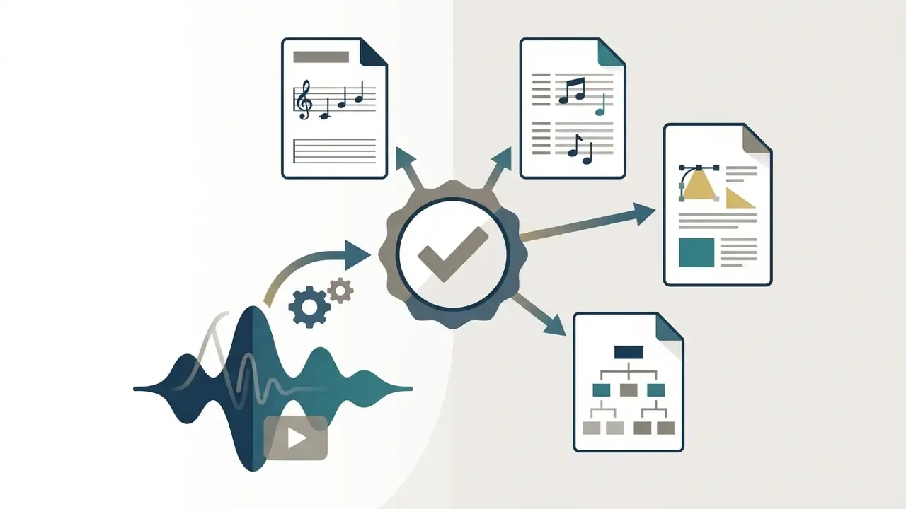 Audio waveform processing into various musical notation and data file formats for an AI guitar tab generator