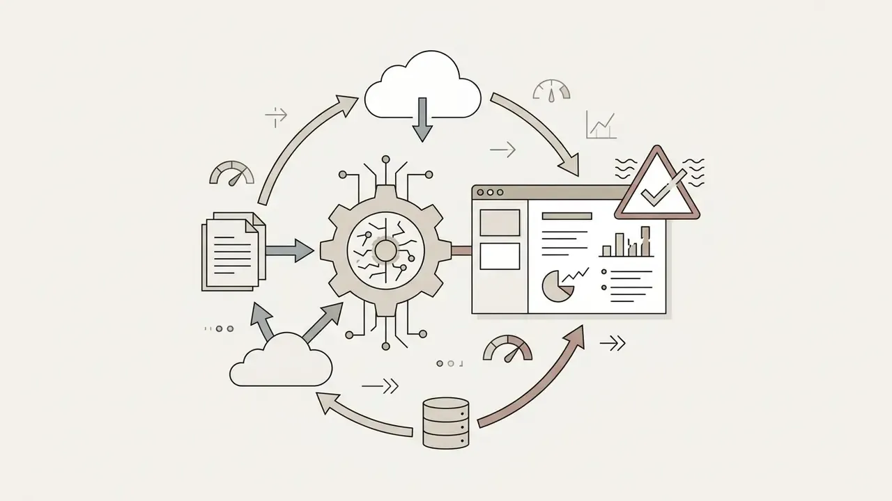 Central gear processing data from documents and clouds into a presentation slide with a warning symbol