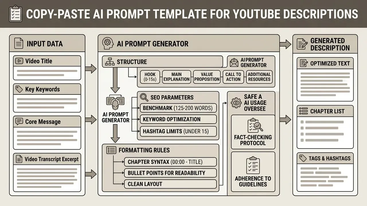Visual breakdown of inputs, prompt structure, SEO parameters, and output components for video metadata