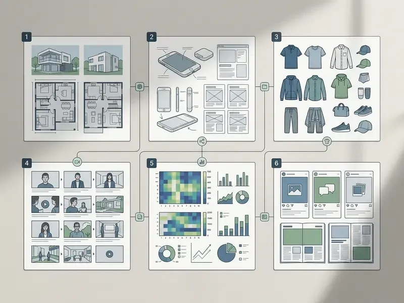 Six numbered panels showing architectural plans, mobile wireframes, apparel, video storyboards, data, and layouts