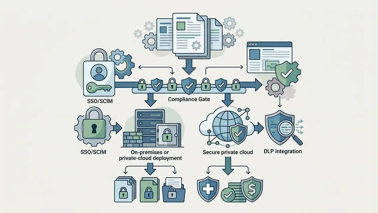 Documents moving through a compliance gate to on-premises servers or private cloud infrastructure