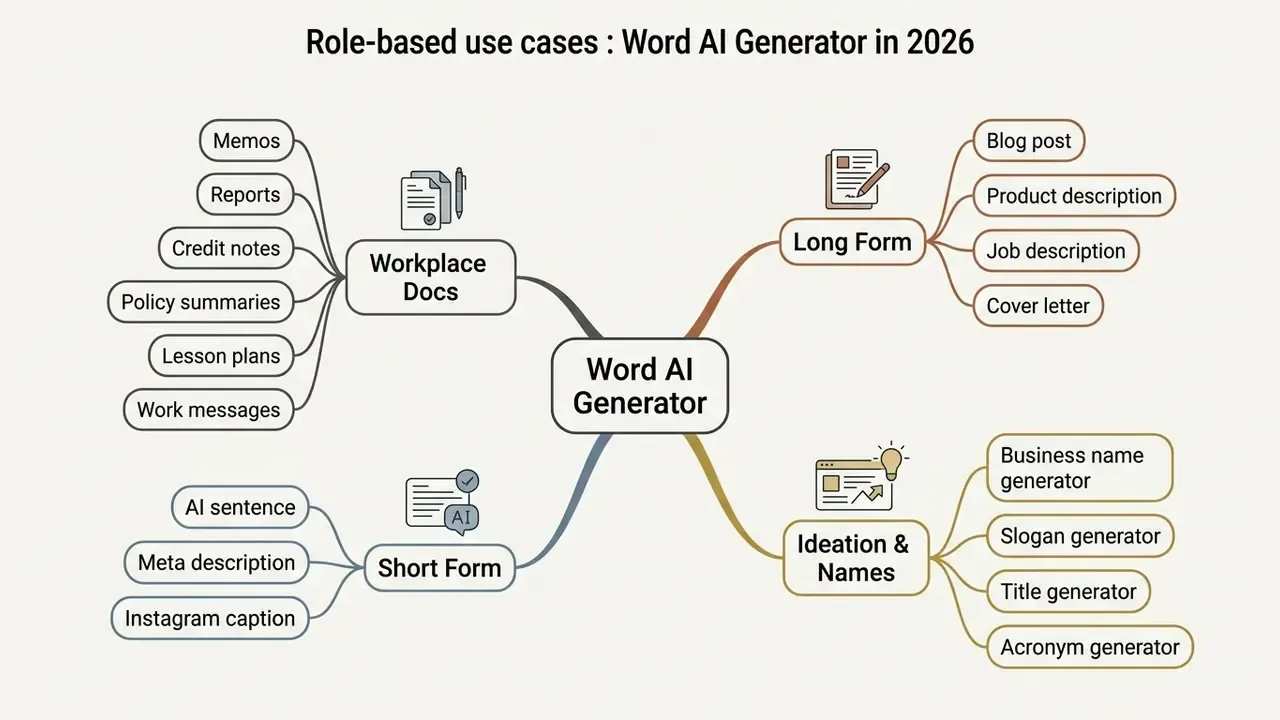 Mind map showing diverse applications for a Word AI Generator across workplace and creative writing tasks