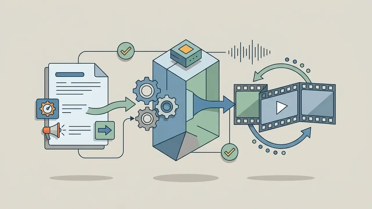 Document input processed by gears into a video stream representing the InVideo AI workflow