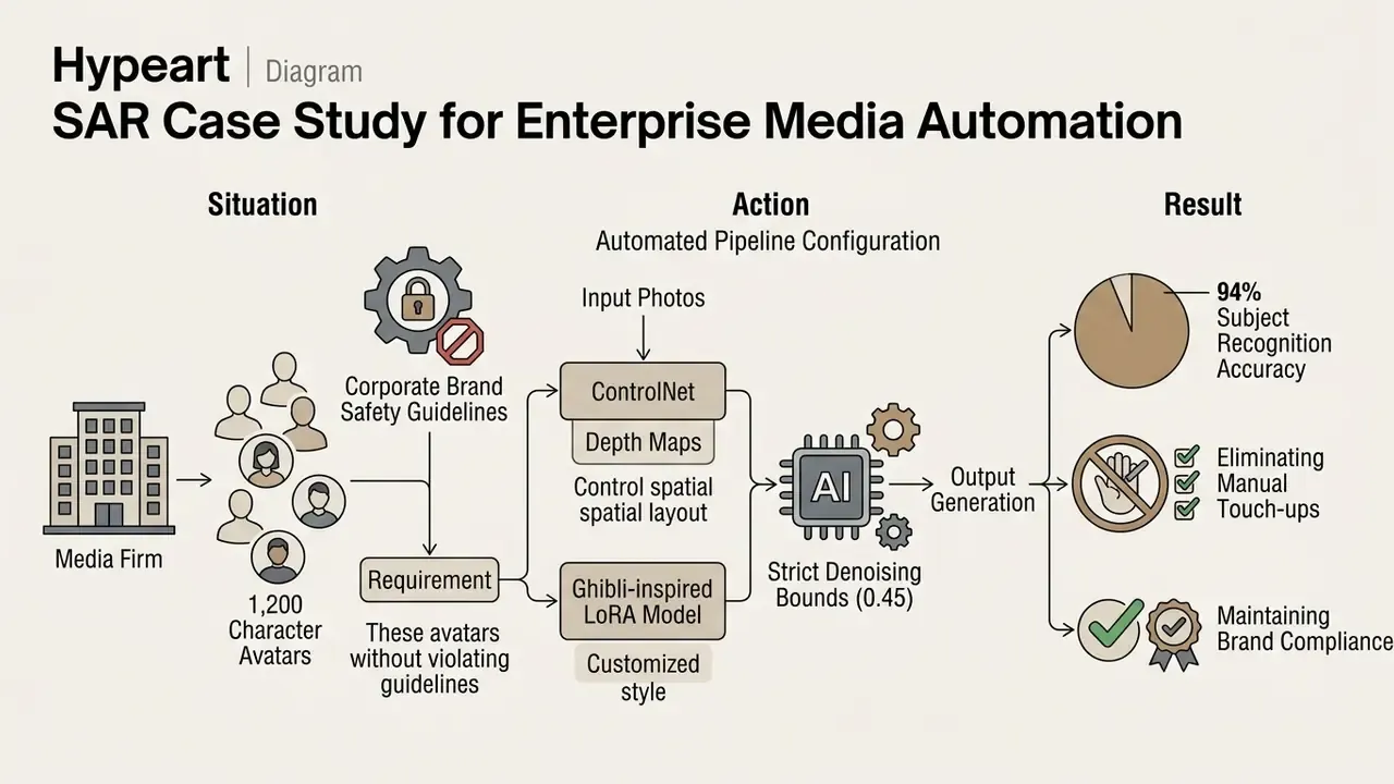 Diagram showing the automated pipeline for generating stylized character avatars for a media firm