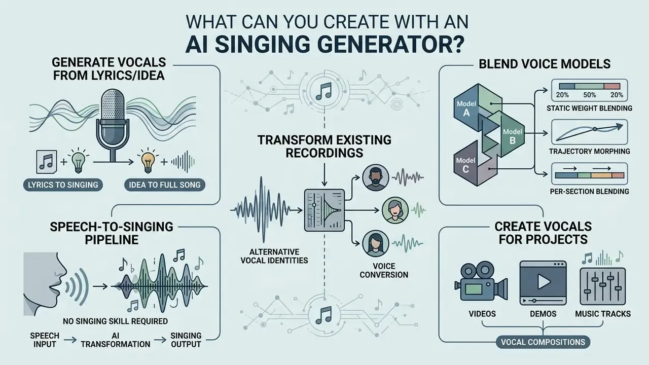 Infographic detailing how an AI singing voice generator creates songs, blends models, and converts audio