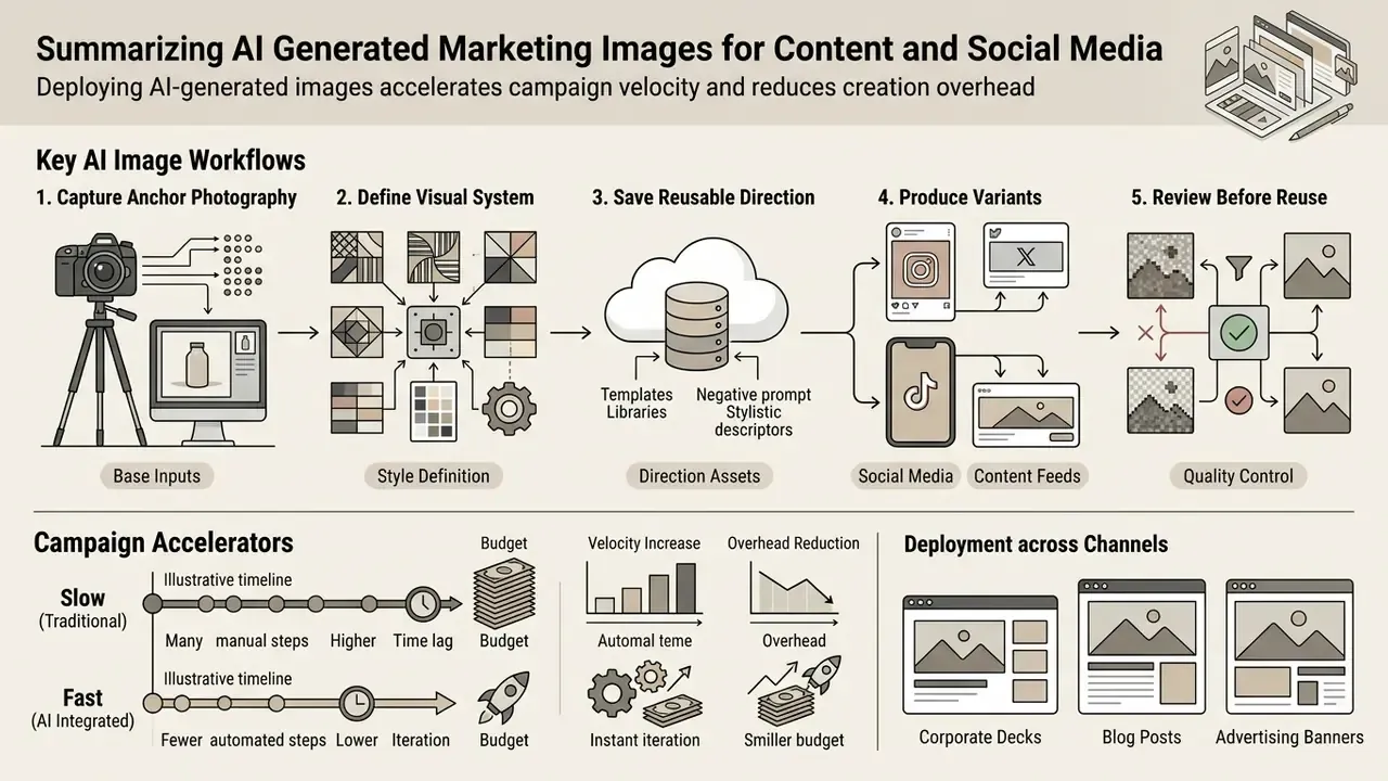 Five step workflow diagram showing how to create AI marketing assets and their impact on campaign efficiency