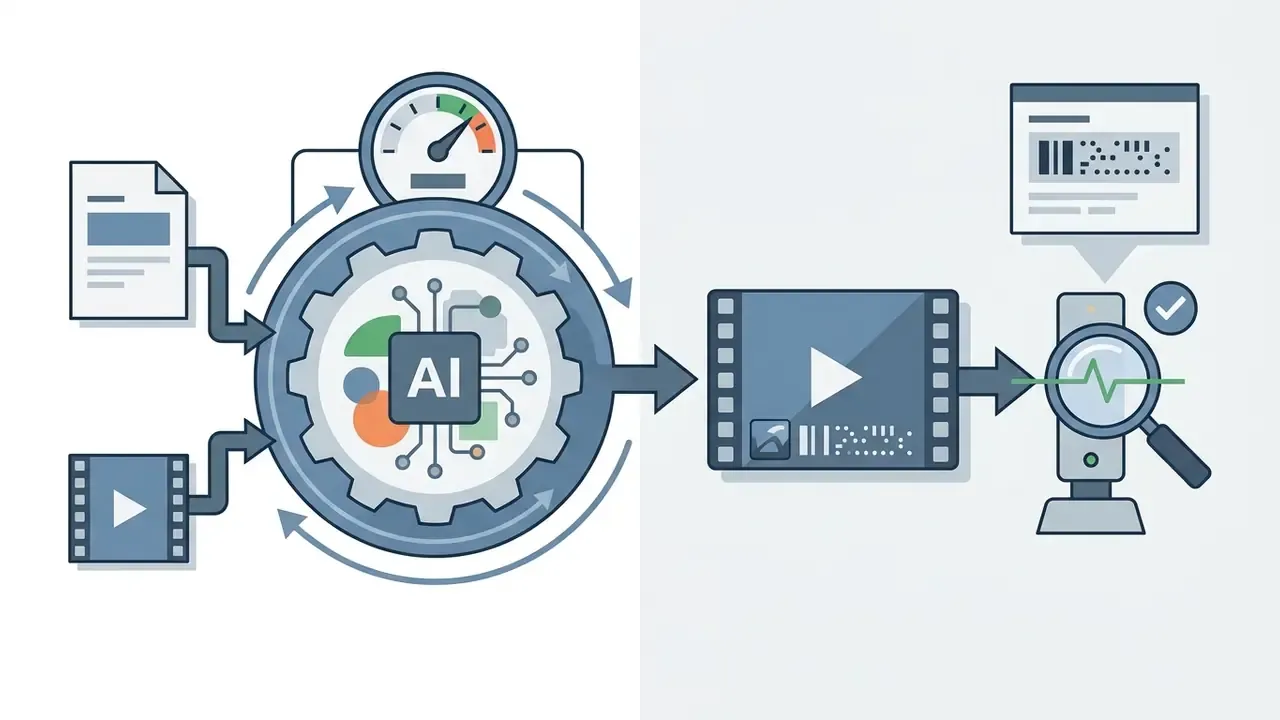 AI processor gear generating video files that are scanned by a magnifying glass for digital watermarks