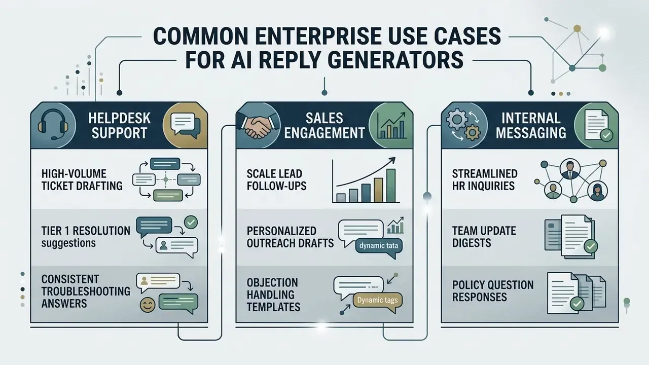 Three vertical panels outlining AI text reply generator applications for helpdesk, sales, and internal teams