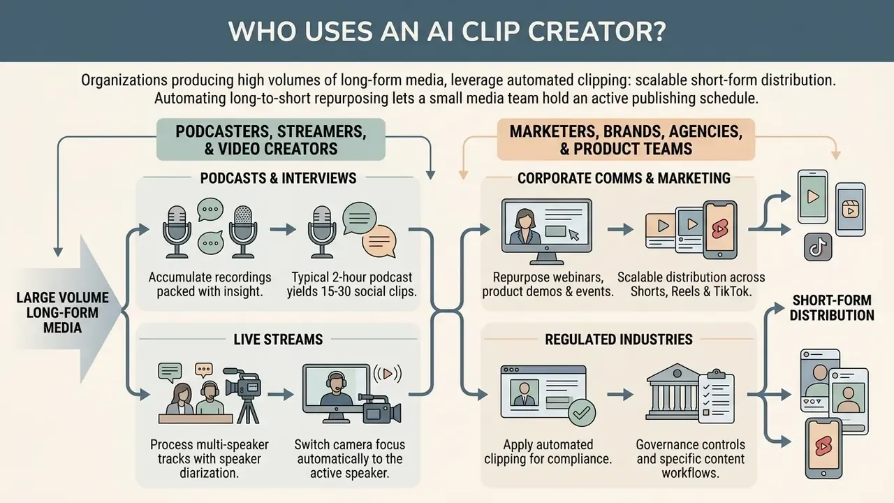 Workflow showing how creators and marketers repurpose long-form media into short-form social content
