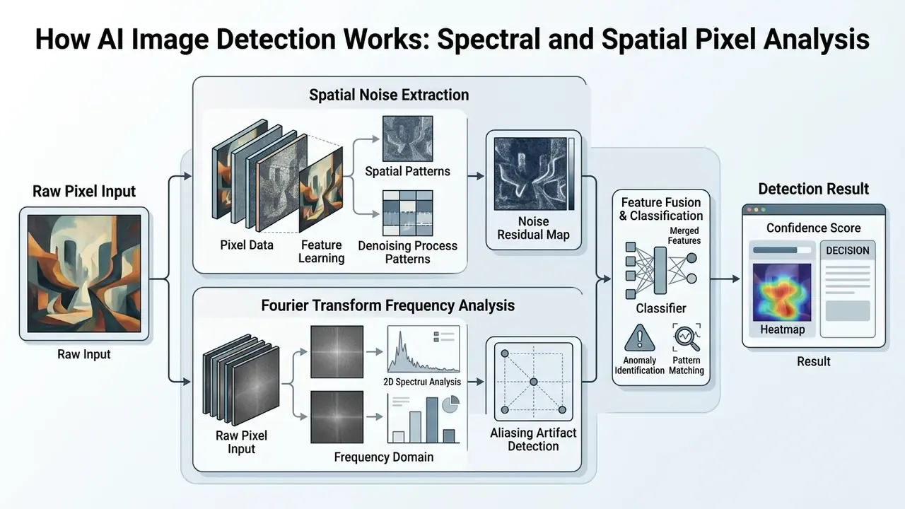 Diagram showing pixel input processed through spatial noise extraction and frequency analysis for classification
