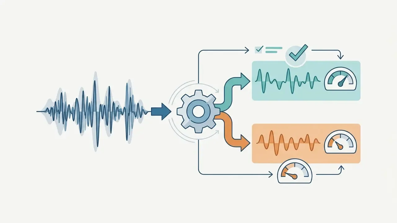 Audio waveform entering a gear mechanism that splits the signal into separate vocal and music tracks