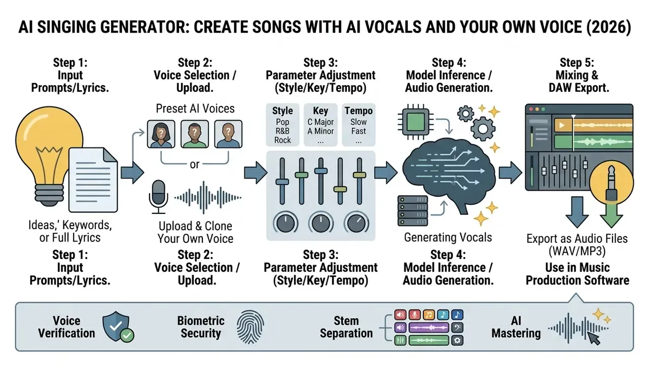 Five sequential steps showing the conversion of lyrics and voice inputs into final audio files