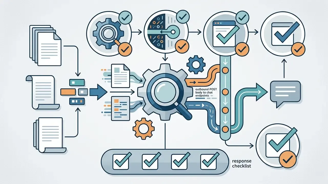Data documents flowing through a central gear and magnifying glass into an outbound chat endpoint process