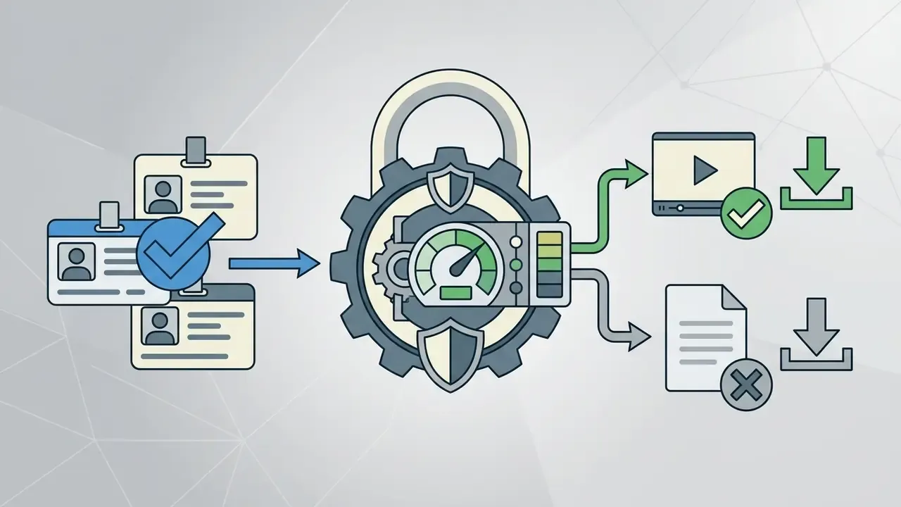 Verified user badges flowing into a gated gear mechanism to authorize video rendering and file exports