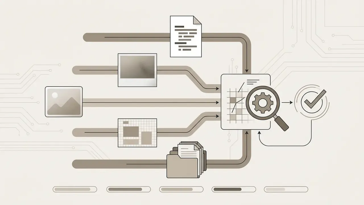 Various file types funneling into a central processing hub with a magnifying glass and gear icon