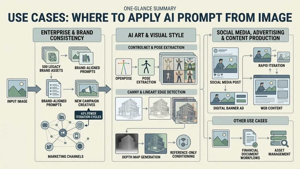 Flowchart displaying enterprise applications for visual AI tools including brand assets and content creation