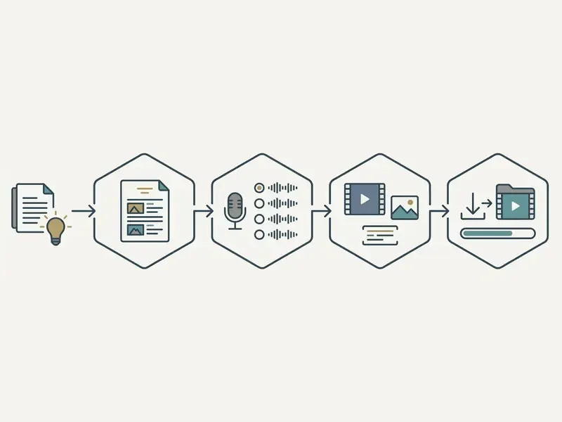 Flowchart showing the Fliki AI text to video transformation steps from script to final exported file