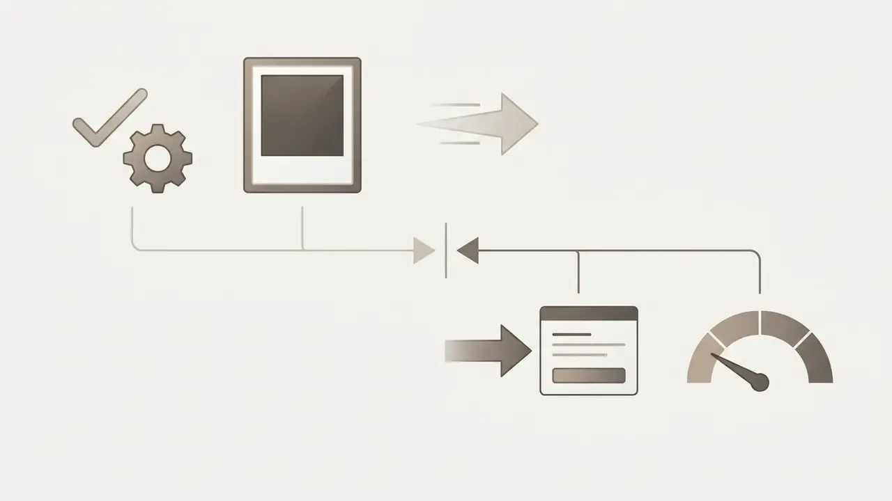 Icons of a checkmark, gear, and photo frame connecting to a document and a speed gauge via arrows