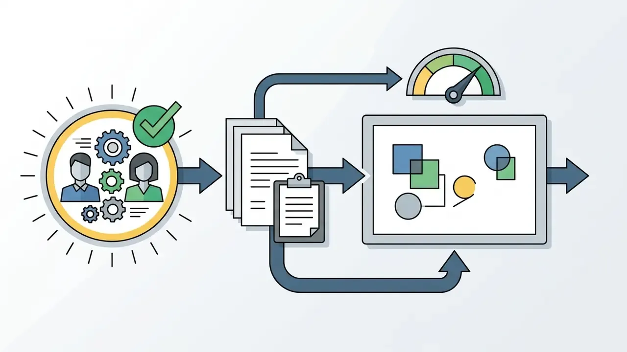 Team members with gears and a checkmark leading to documents and a digital screen with a gauge