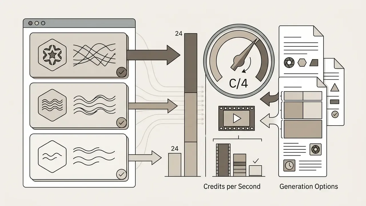 Selection panel feeding into a credit gauge and video generation documents with various settings