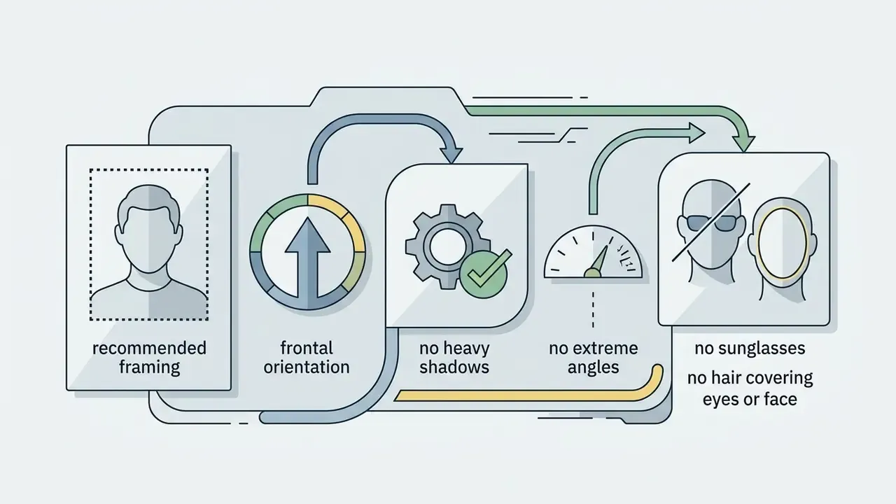 Visual guide showing optimal photo requirements for an AI face generator including framing and clarity