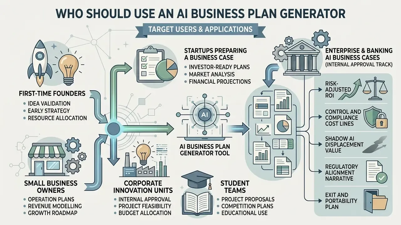 Infographic showing diverse user groups connecting to a central digital tool to produce business documents