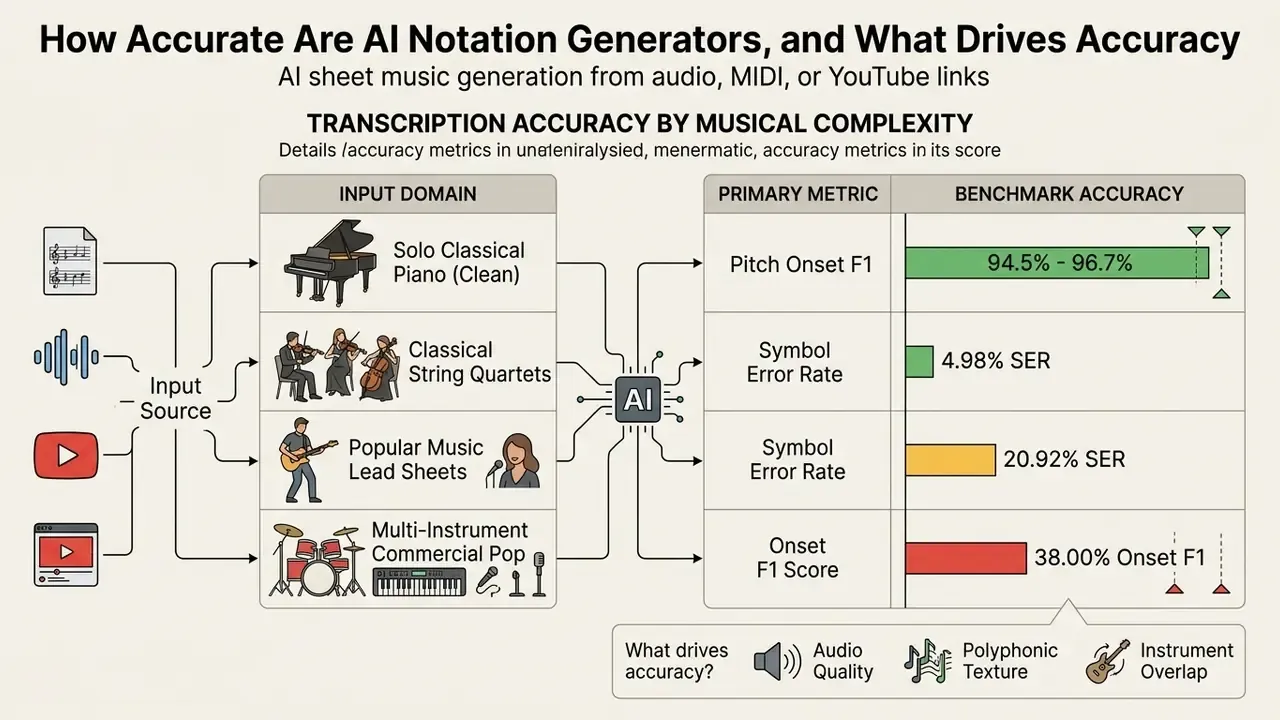 Bar chart comparing transcription accuracy metrics across four different musical complexity levels