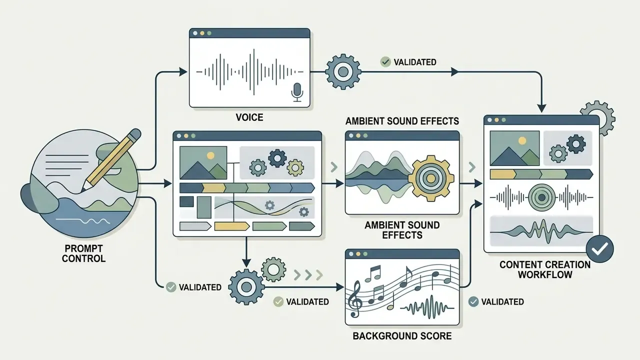 Pencil writing prompts that feed into voice, sound effect, and music modules for video production