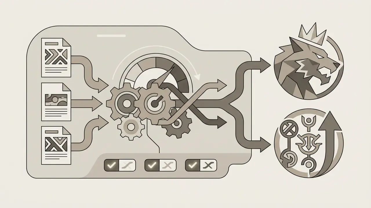 Documents feeding into a gear hub that processes data into a wolf emblem and a set of mystical symbols