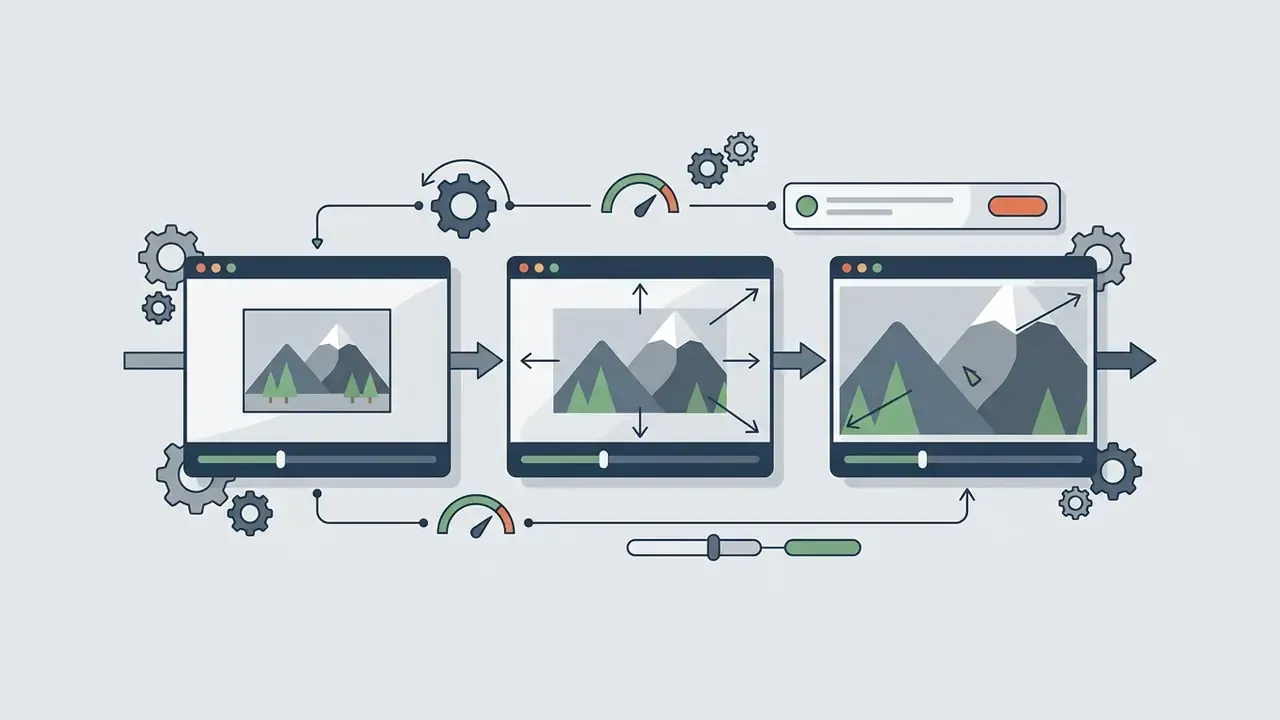 Three windows showing a mountain image being scaled and zoomed to create a Ken Burns effect