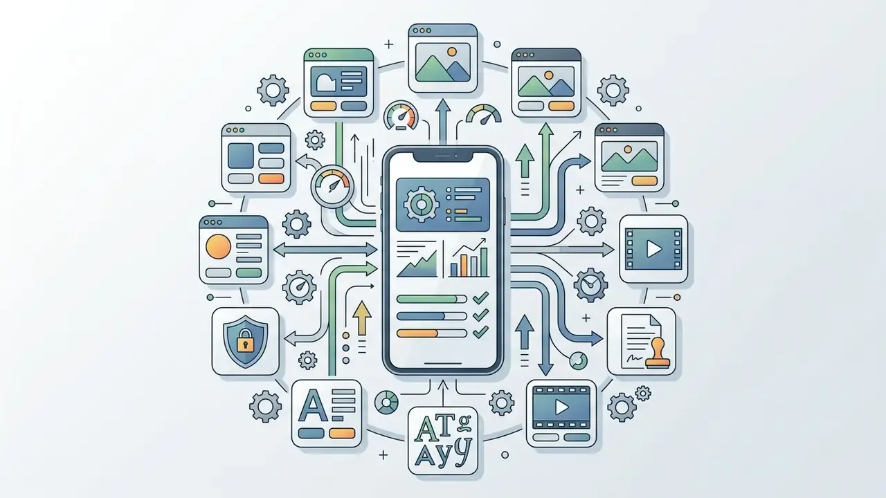 Central smartphone surrounded by icons representing data processing and app features for AI art generation